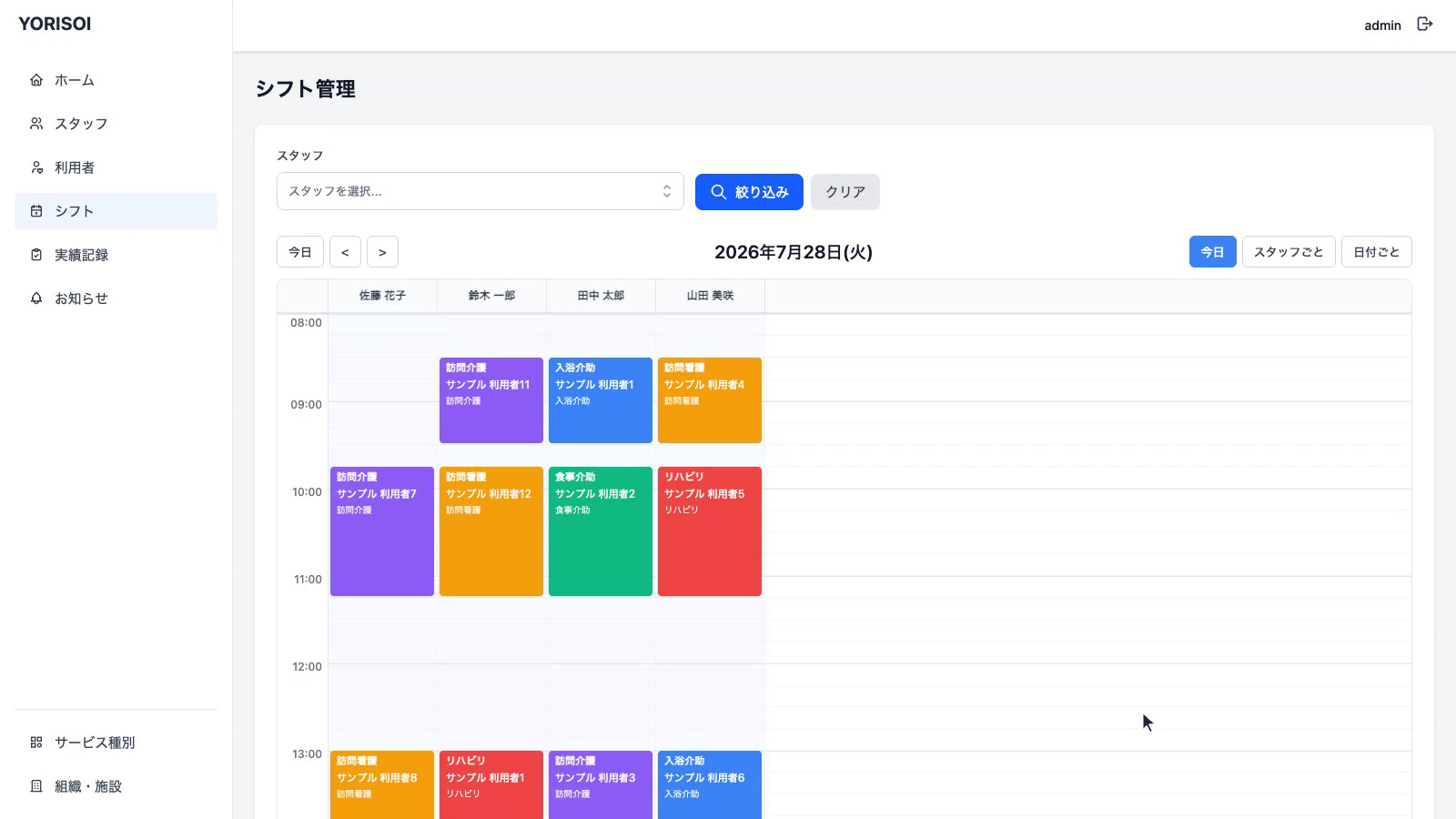 YORISOIの日別ビュー（今日）。当日の全スタッフの予定を時間軸で表示